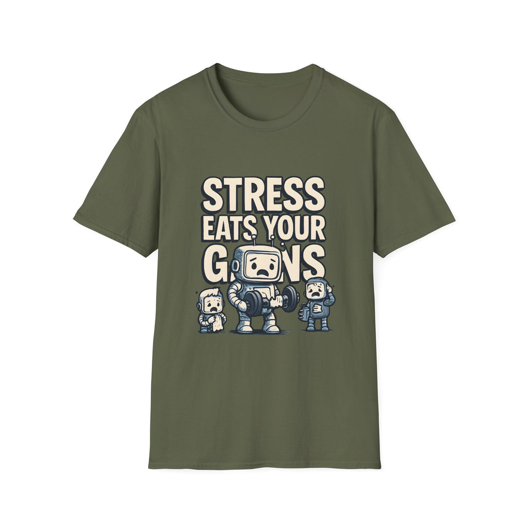 Stress Eats Your Gains – Funny Gym Robot T-Shirt