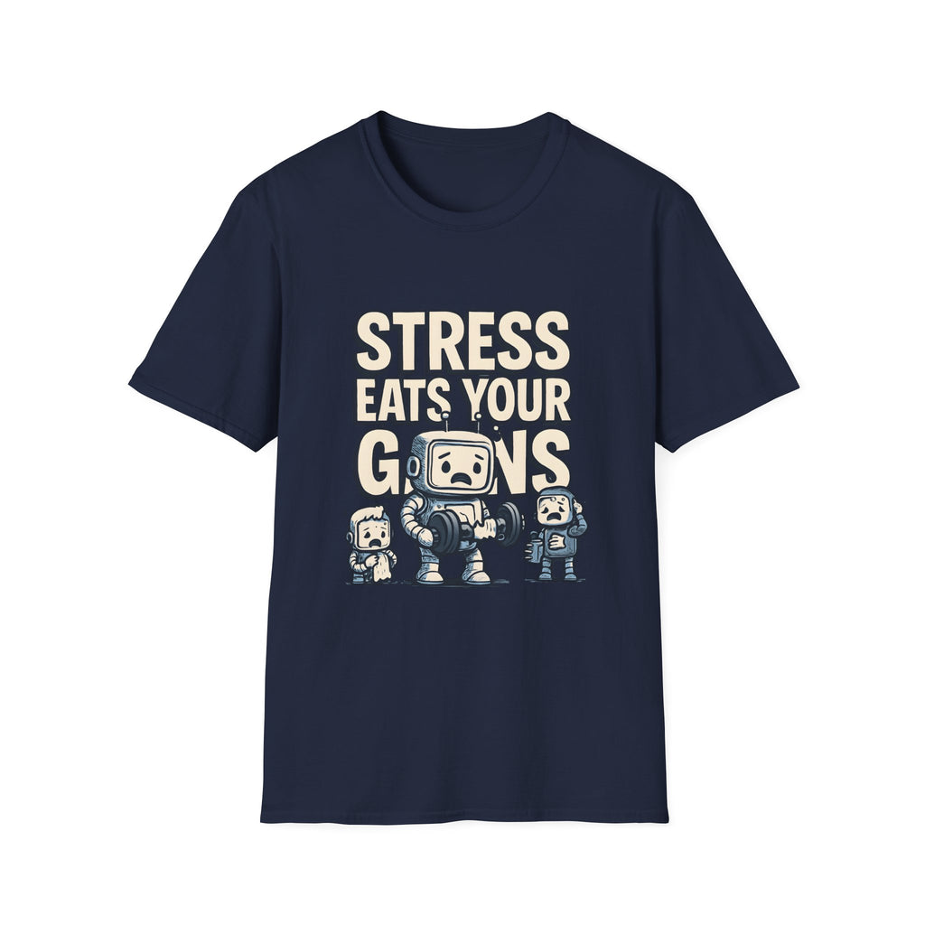 Stress Eats Your Gains – Funny Gym Robot T-Shirt